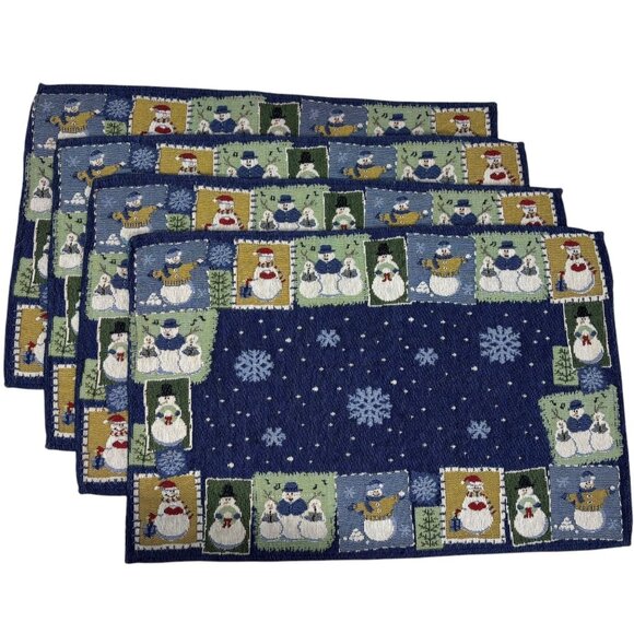 Set Of 4 Snowman Winter Placemats Woven Fabric With Festive Design - Picture 1 of 2